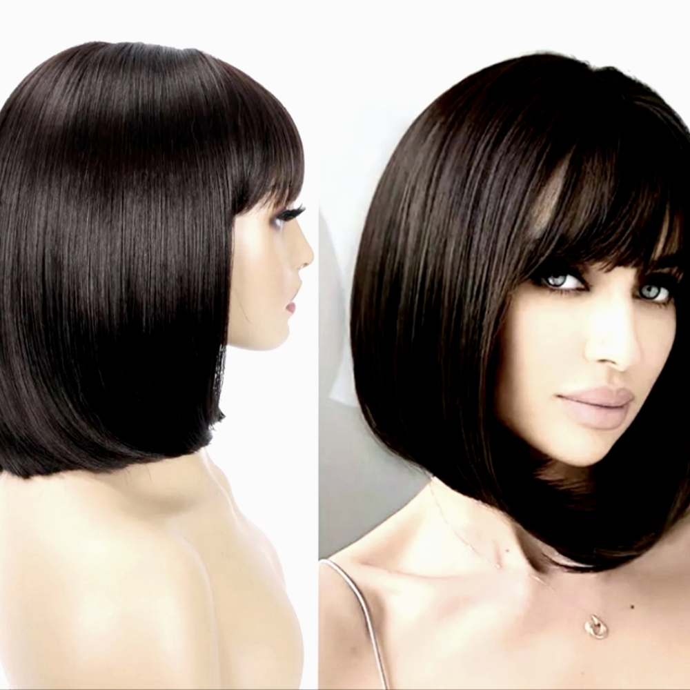 12 inch Short Bob Wig with Bangs Straight Dark Bown Hair NWOT